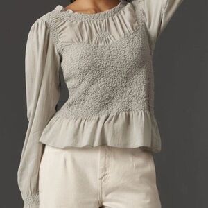 Balloon Sleeve Smocked Ruche Peplum Blouse